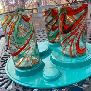 Set of 3 Hand Blown Bubble Glass 16 oz Drinking Glasses Swirl Design Mexico